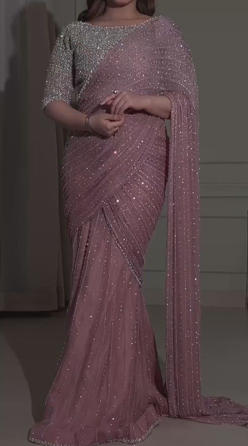 Blush Mauve Sequin Draped Saree Set