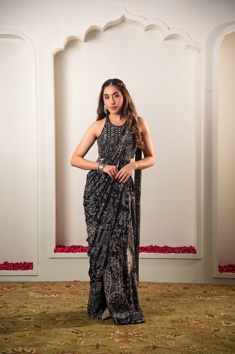 Black Mirror Work Georgette Saree