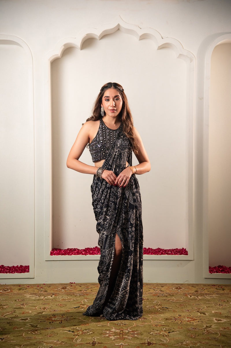 Black Mirror Work Georgette Saree