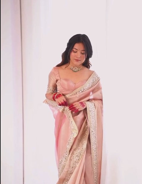 Blush Pink Satin Embellished Saree