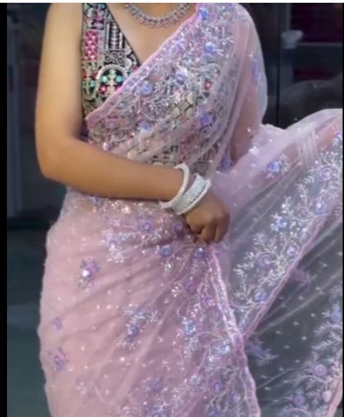 Blush Pink Floral Sequin Net Saree