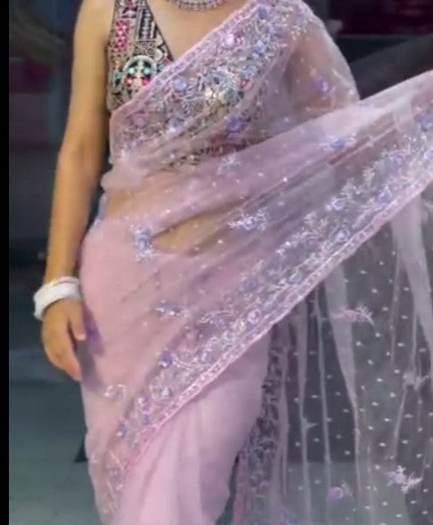 Blush Pink Floral Sequin Net Saree