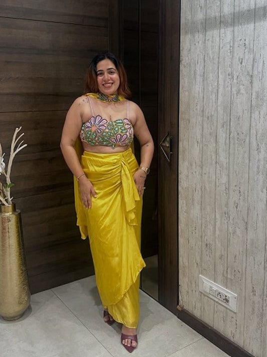 Floral Embroidered Crop Top & Yellow Draped Dhoti Skirt Set
