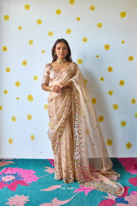 Lily Beige Floral Sequin Organza Saree