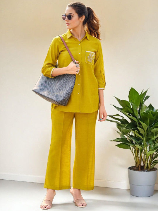 Mustard Yellow Embroidered Silk Co-ord Set