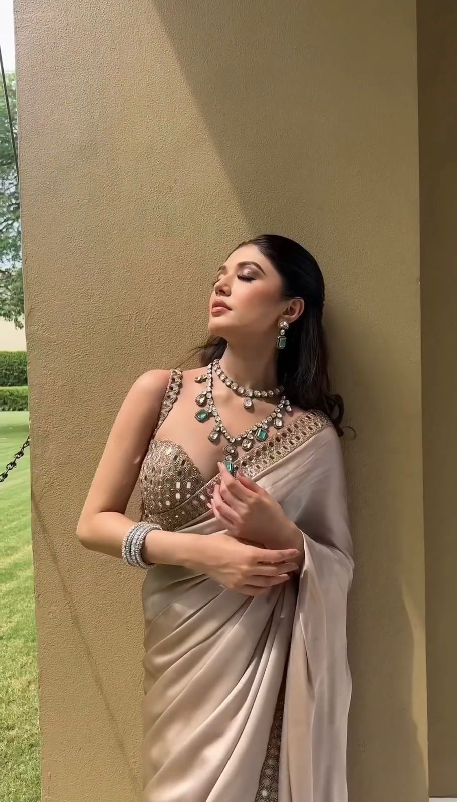 Party Wear Beige Color Japan Satin Silk Thread With Real Mirror Work Designer Saree