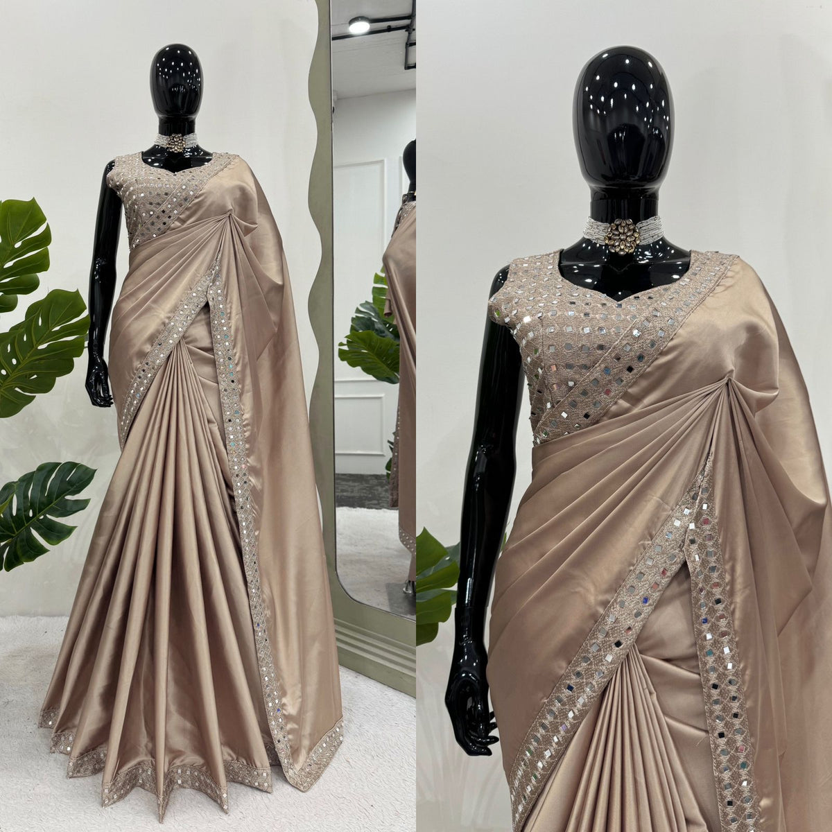 Party Wear Beige Color Japan Satin Silk Thread With Real Mirror Work Designer Saree