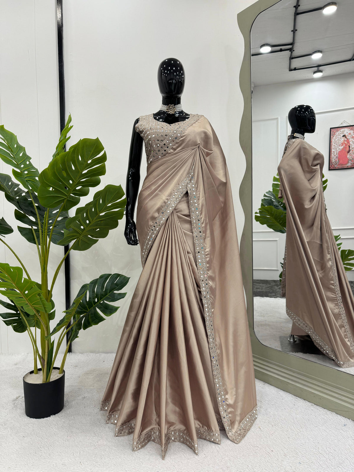 Party Wear Beige Color Japan Satin Silk Thread With Real Mirror Work Designer Saree
