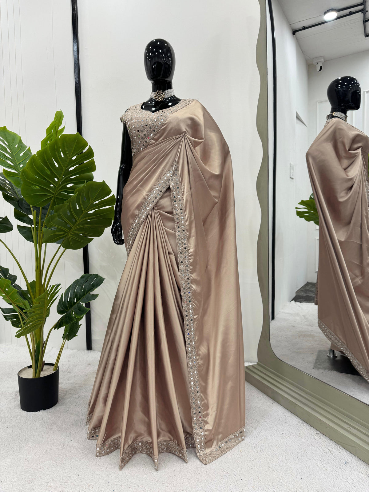 Party Wear Beige Color Japan Satin Silk Thread With Real Mirror Work Designer Saree