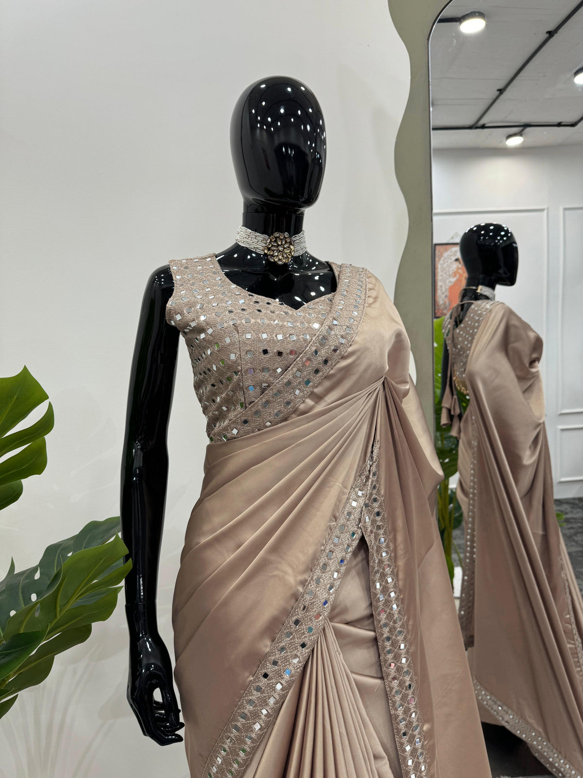 Party Wear Beige Color Japan Satin Silk Thread With Real Mirror Work Designer Saree