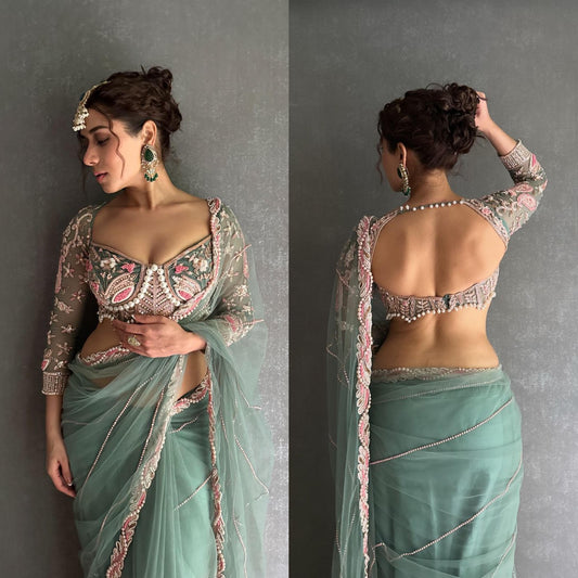 Wedding Wear Sky Color  Butterfly Net  Embroidery Work With Pearl Moti Work Designer Saree With Fancy Blouse
