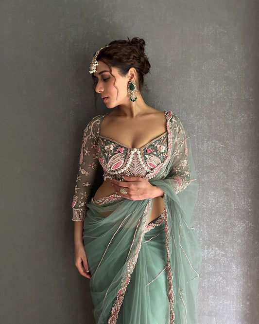 Wedding Wear Sky Color  Butterfly Net  Embroidery Work With Pearl Moti Work Designer Saree With Fancy Blouse
