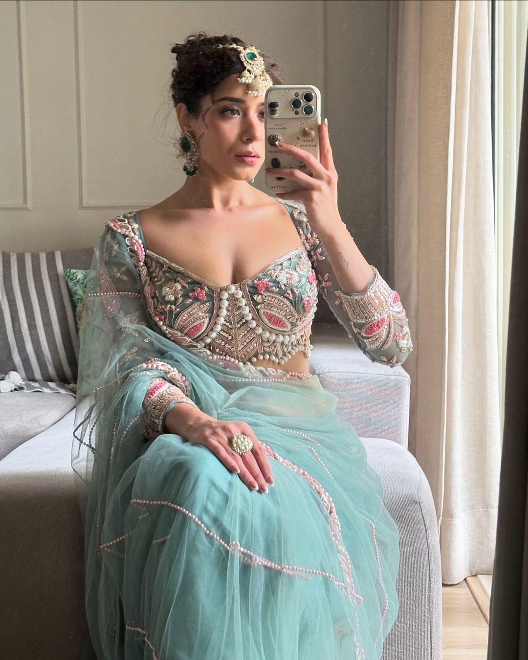 Wedding Wear Sky Color  Butterfly Net  Embroidery Work With Pearl Moti Work Designer Saree With Fancy Blouse
