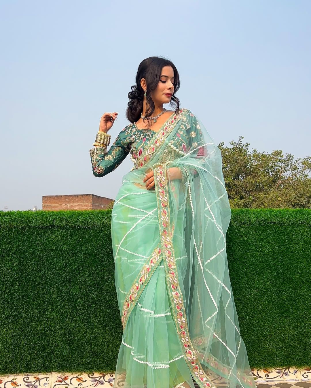 Wedding Wear Sky Color  Butterfly Net  Embroidery Work With Pearl Moti Work Designer Saree With Fancy Blouse