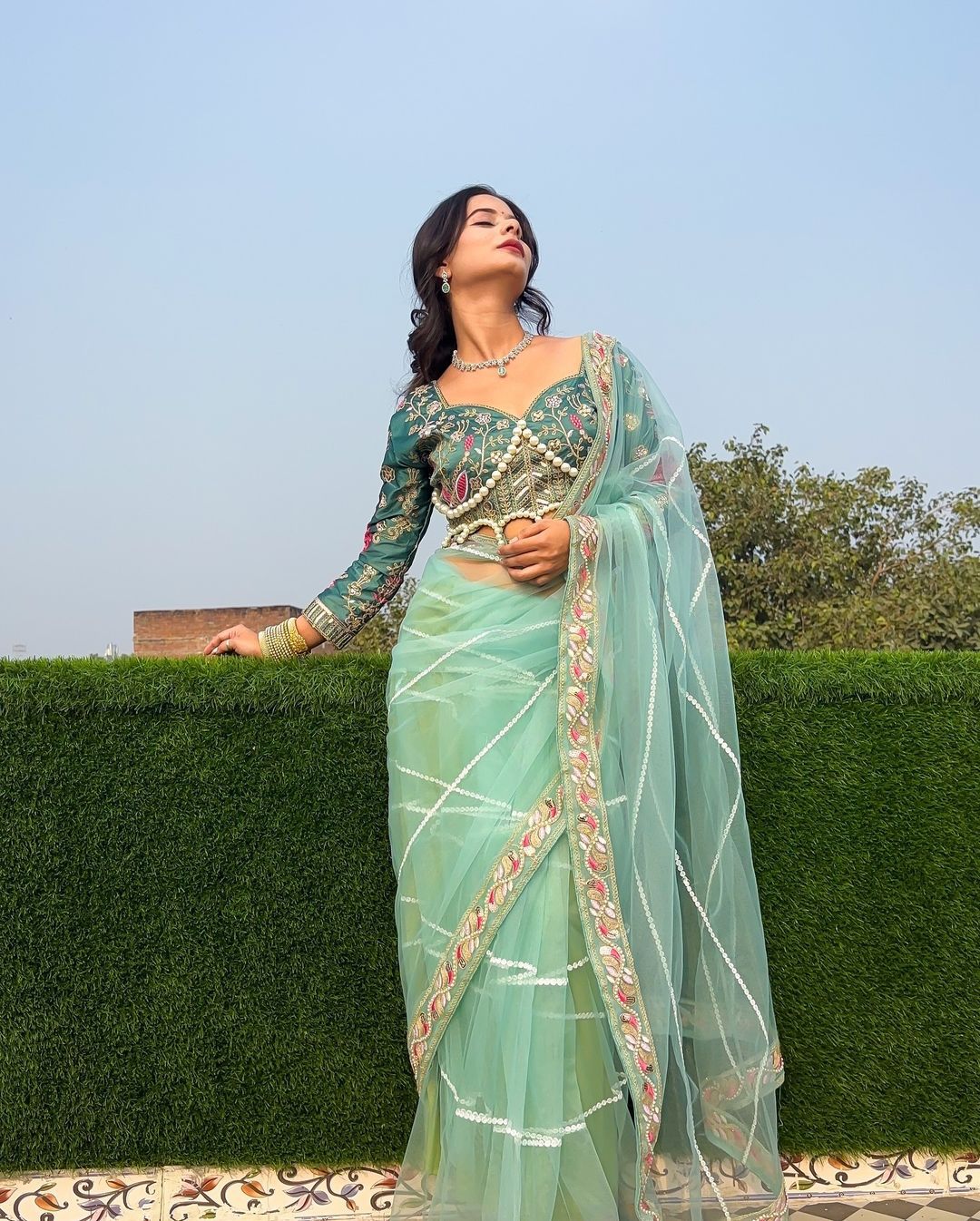 Wedding Wear Sky Color  Butterfly Net  Embroidery Work With Pearl Moti Work Designer Saree With Fancy Blouse