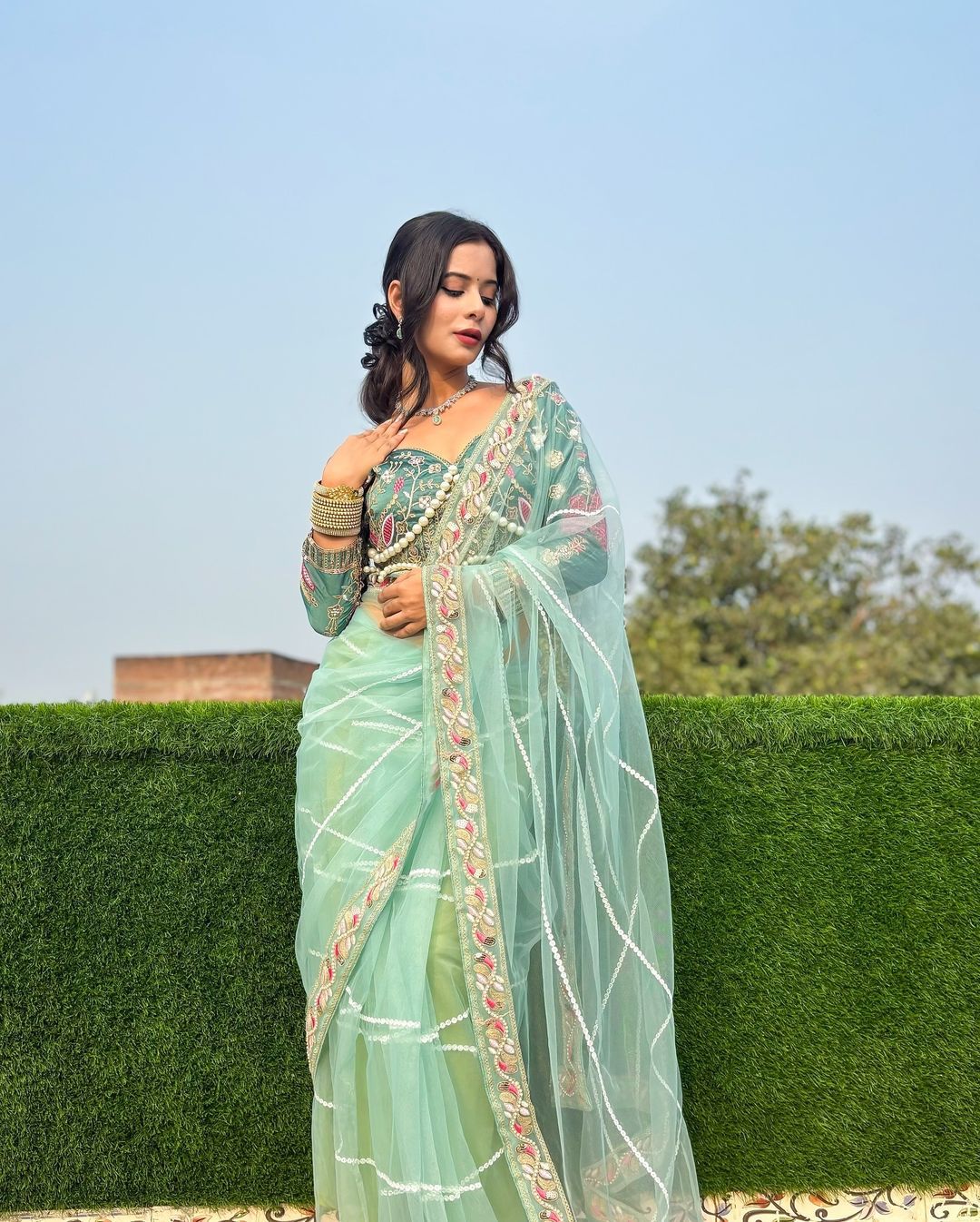 Wedding Wear Sky Color  Butterfly Net  Embroidery Work With Pearl Moti Work Designer Saree With Fancy Blouse