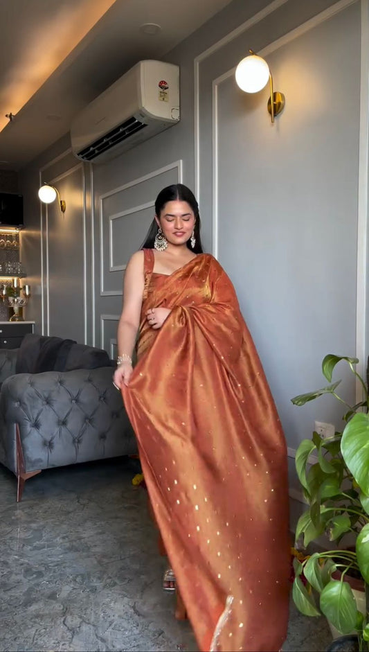 Engagement Wear Orange Color Tissue Silk Mukesh Work With Heavy Fancy Lace Designer Organza Saree