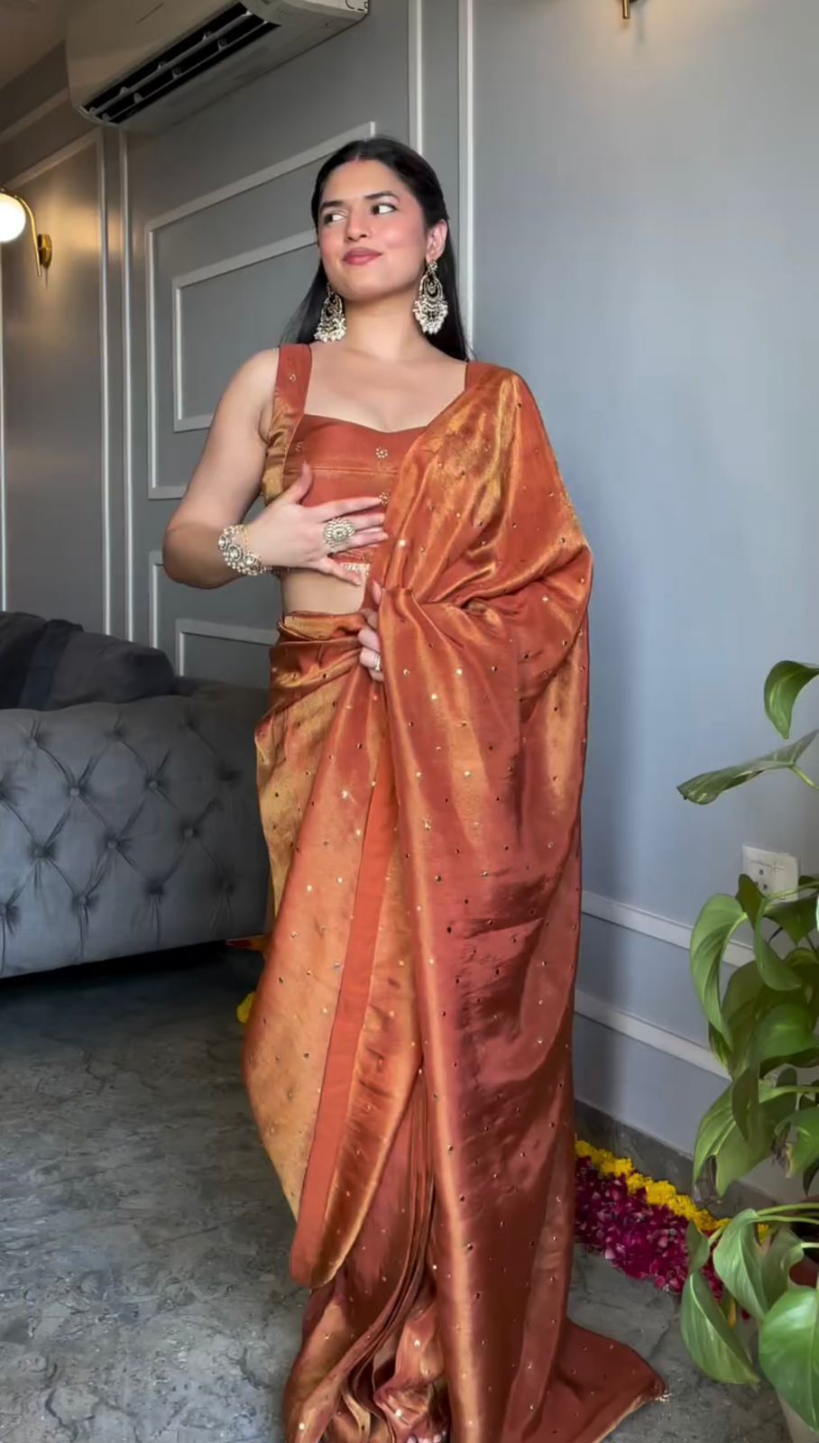Engagement Wear Orange Color Tissue Silk Mukesh Work With Heavy Fancy Lace Designer Organza Saree