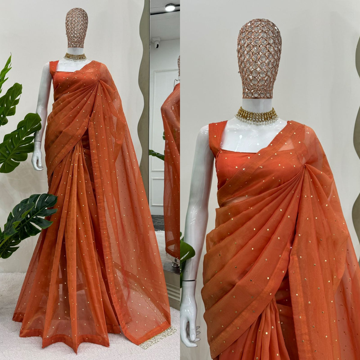 Engagement Wear Orange Color Tissue Silk Mukesh Work With Heavy Fancy Lace Designer Organza Saree