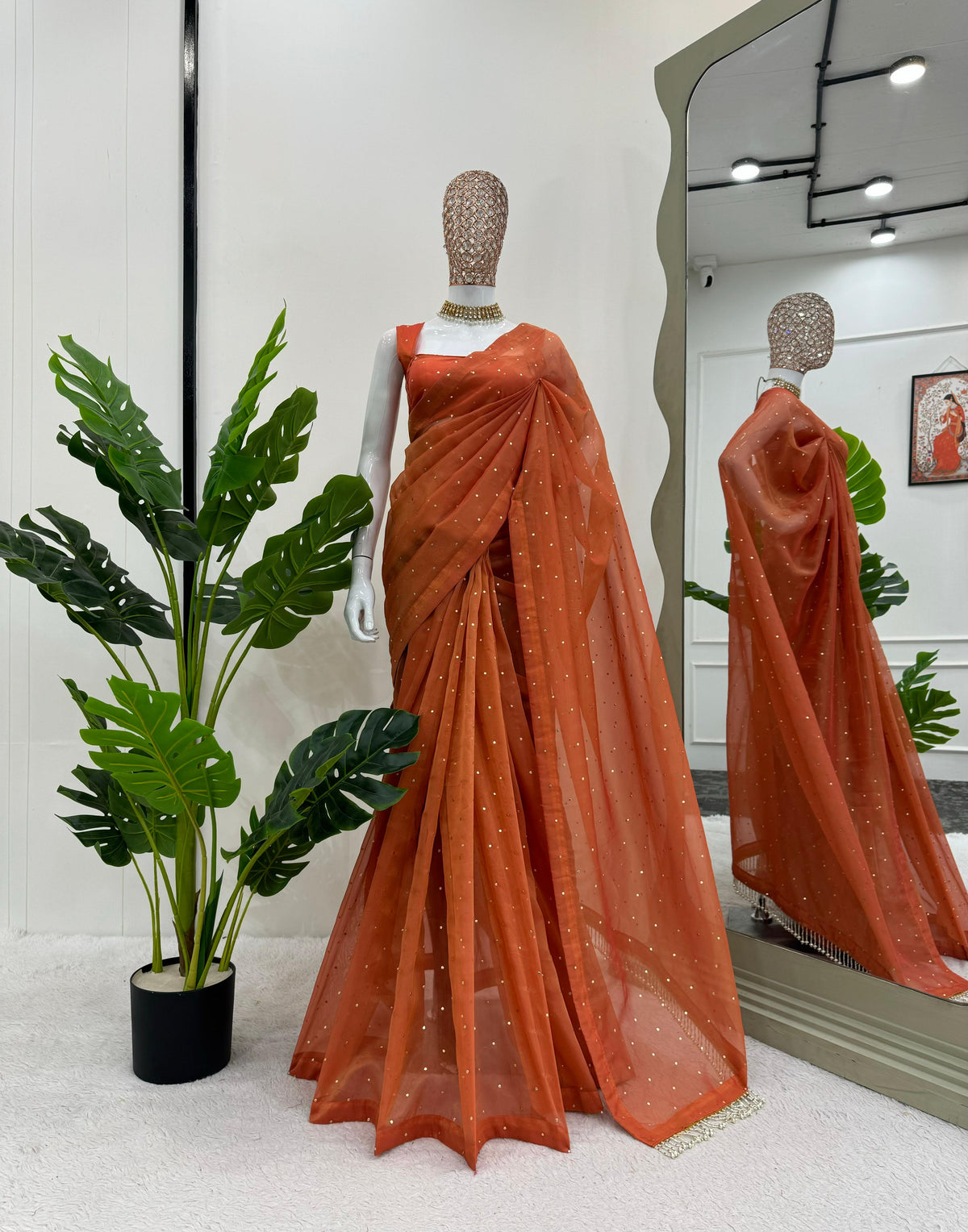 Engagement Wear Orange Color Tissue Silk Mukesh Work With Heavy Fancy Lace Designer Organza Saree