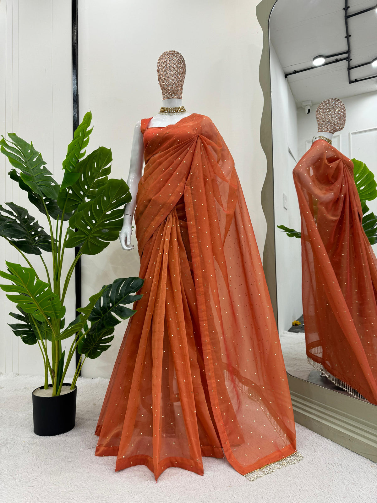 Engagement Wear Orange Color Tissue Silk Mukesh Work With Heavy Fancy Lace Designer Organza Saree