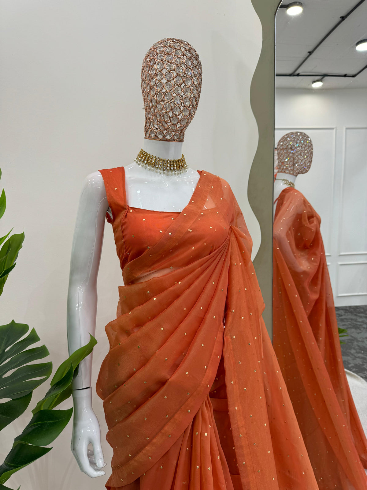 Engagement Wear Orange Color Tissue Silk Mukesh Work With Heavy Fancy Lace Designer Organza Saree