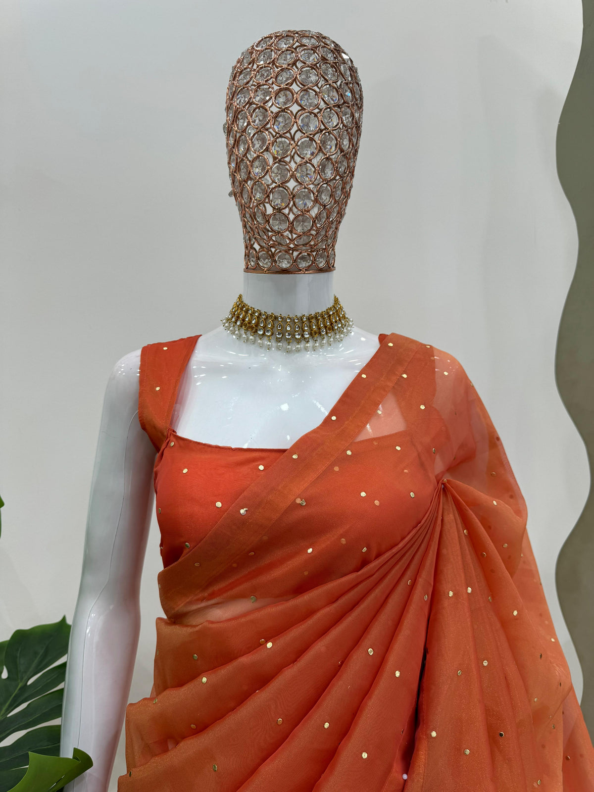 Engagement Wear Orange Color Tissue Silk Mukesh Work With Heavy Fancy Lace Designer Organza Saree