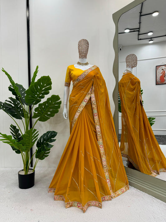 Haldi Wear Mustard Color Faux Georgette And Coding With Sequence Work Beautiful Saree