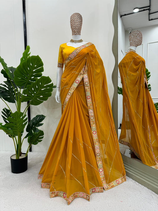Haldi Wear Mustard Color Faux Georgette And Coding With Sequence Work Beautiful Saree