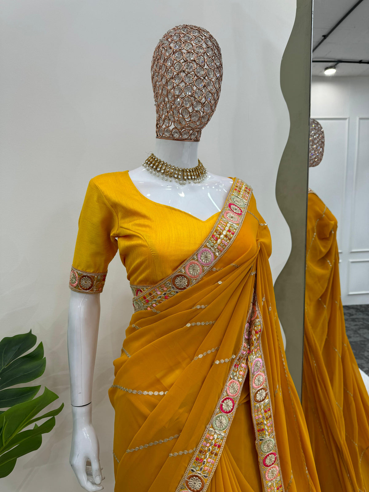Haldi Wear Mustard Color Faux Georgette And Coding With Sequence Work Beautiful Saree