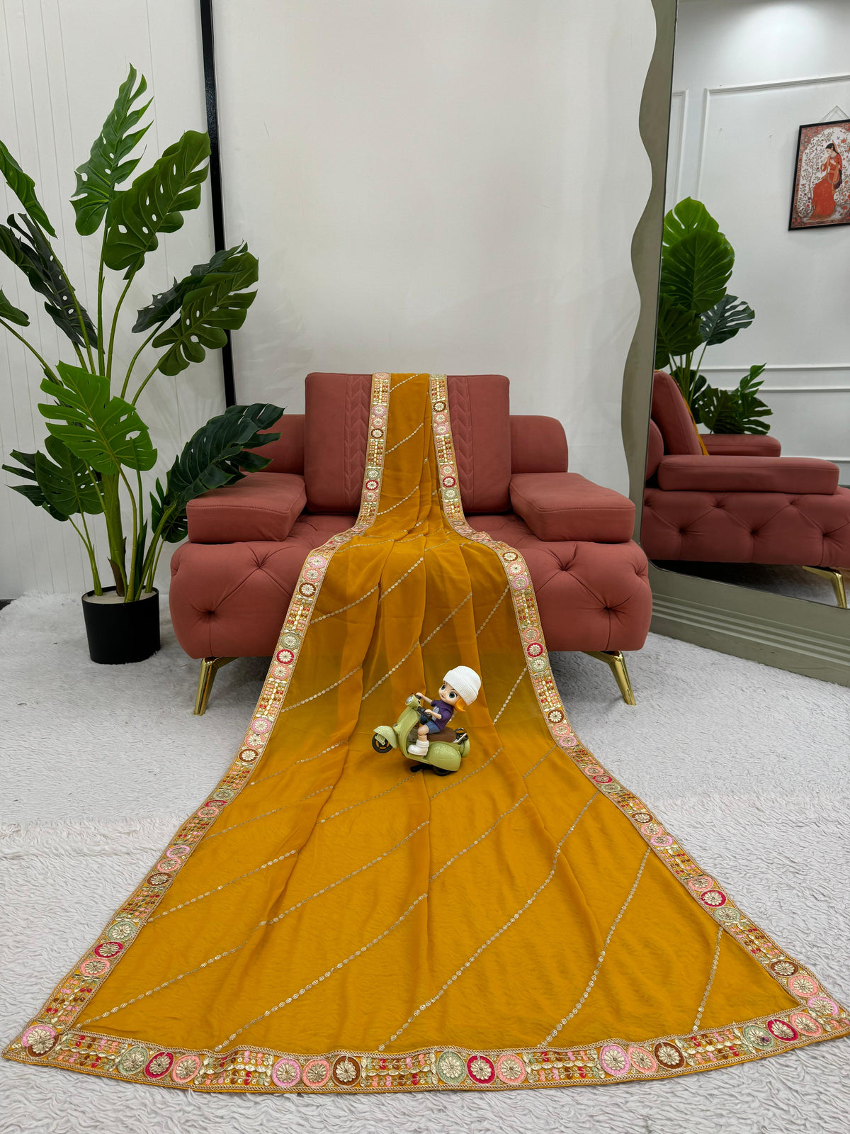 Haldi Wear Mustard Color Faux Georgette And Coding With Sequence Work Beautiful Saree