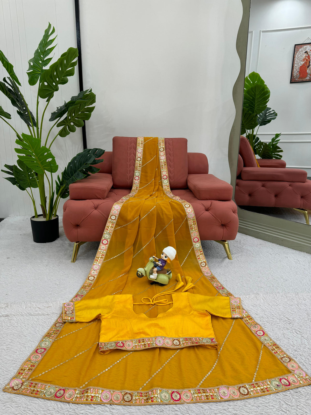 Haldi Wear Mustard Color Faux Georgette And Coding With Sequence Work Beautiful Saree