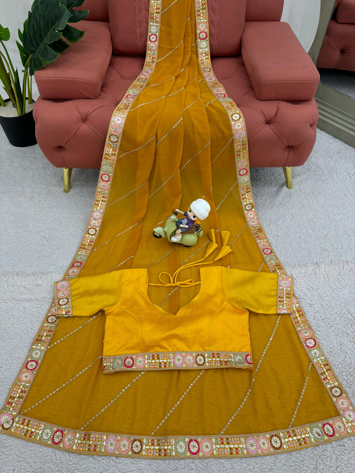 Haldi Wear Mustard Color Faux Georgette And Coding With Sequence Work Beautiful Saree
