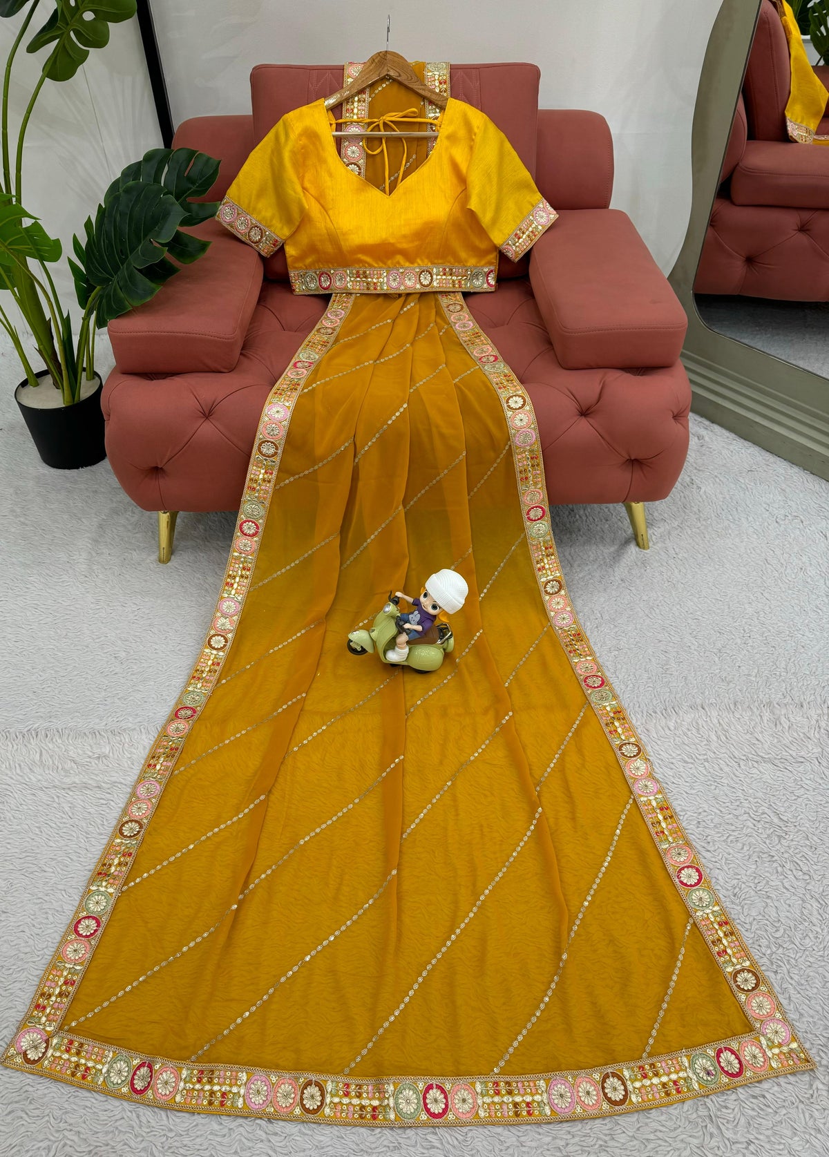 Haldi Wear Mustard Color Faux Georgette And Coding With Sequence Work Beautiful Saree