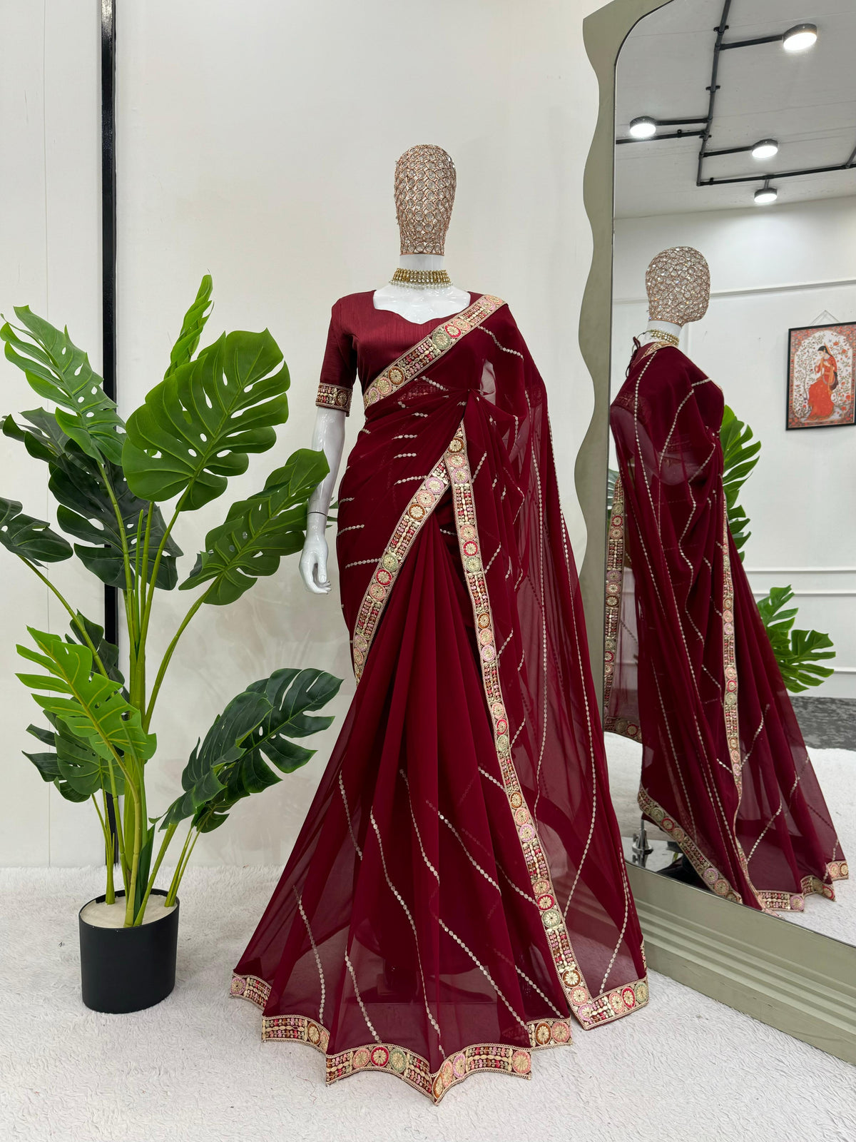 Glorious Maroon Color Faux Georgette And Coding With Sequence Work Beautiful Saree