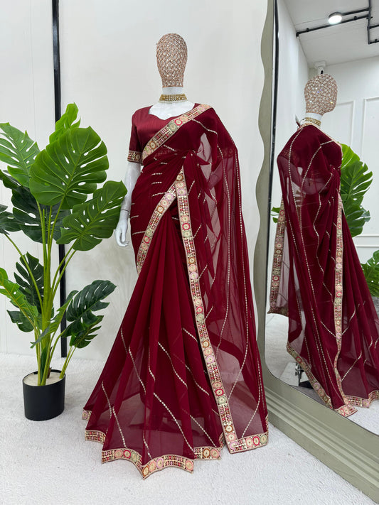 Glorious Maroon Color Faux Georgette And Coding With Sequence Work Beautiful Saree
