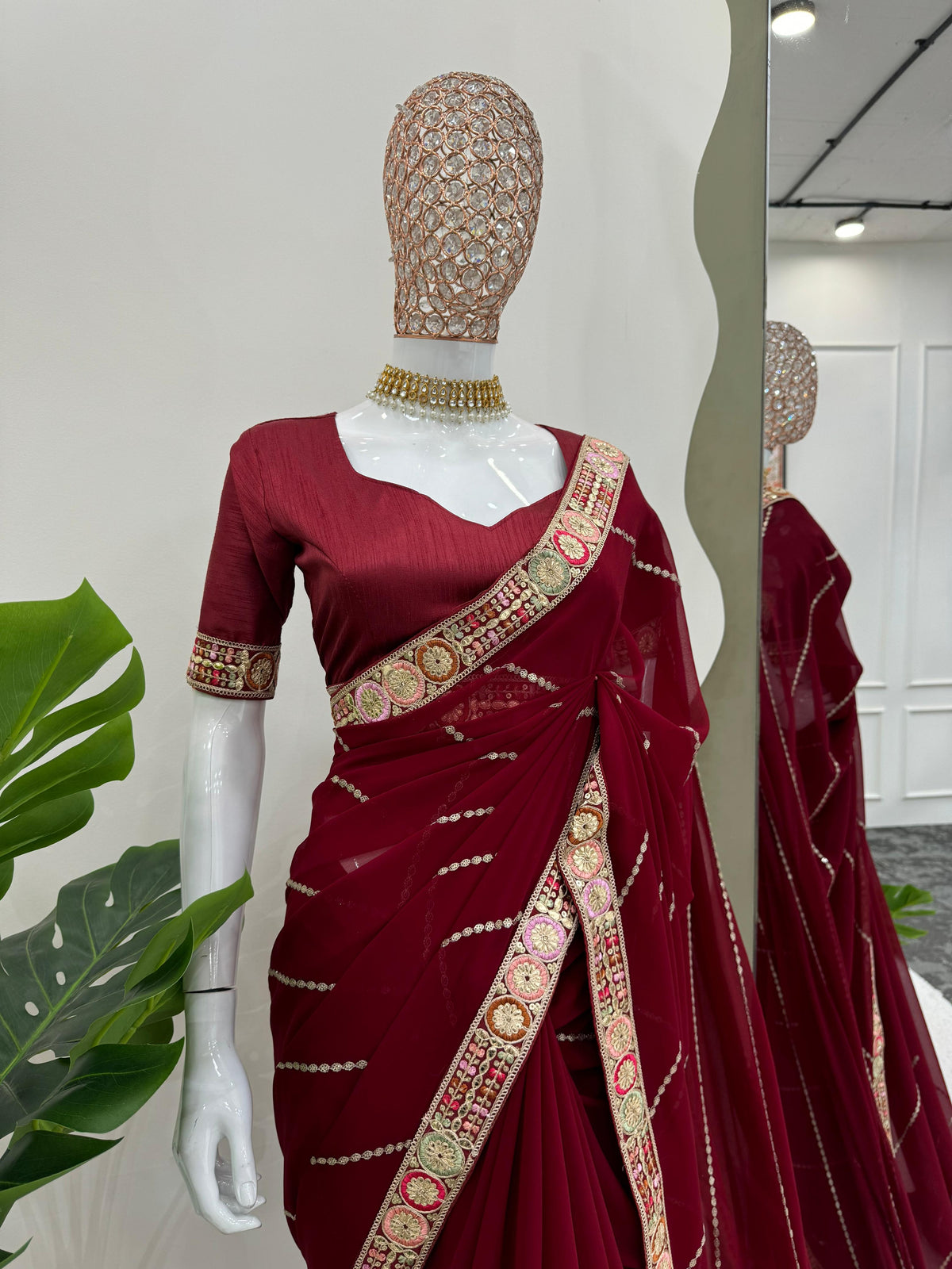 Glorious Maroon Color Faux Georgette And Coding With Sequence Work Beautiful Saree