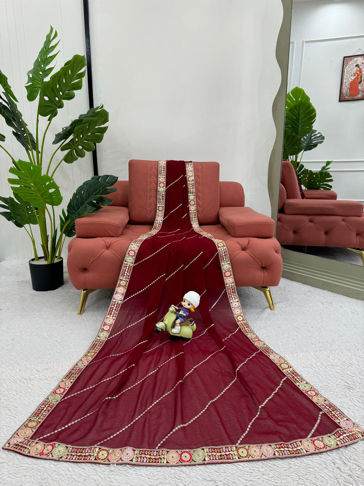 Glorious Maroon Color Faux Georgette And Coding With Sequence Work Beautiful Saree