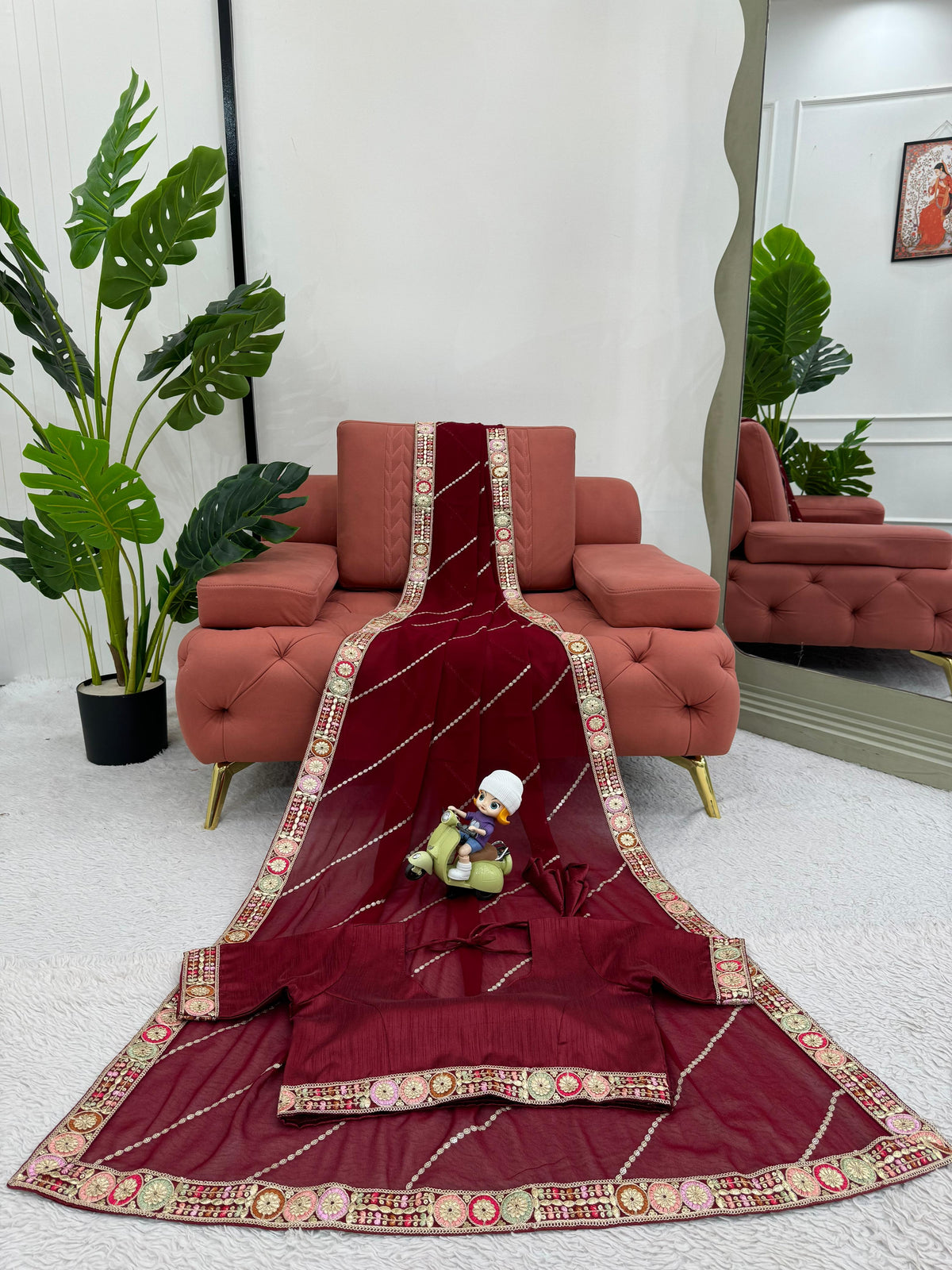 Glorious Maroon Color Faux Georgette And Coding With Sequence Work Beautiful Saree