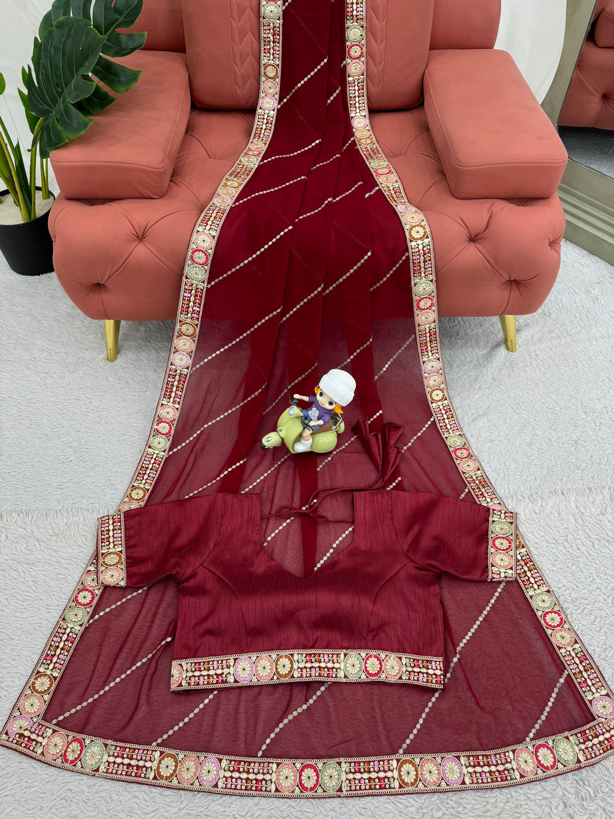Glorious Maroon Color Faux Georgette And Coding With Sequence Work Beautiful Saree