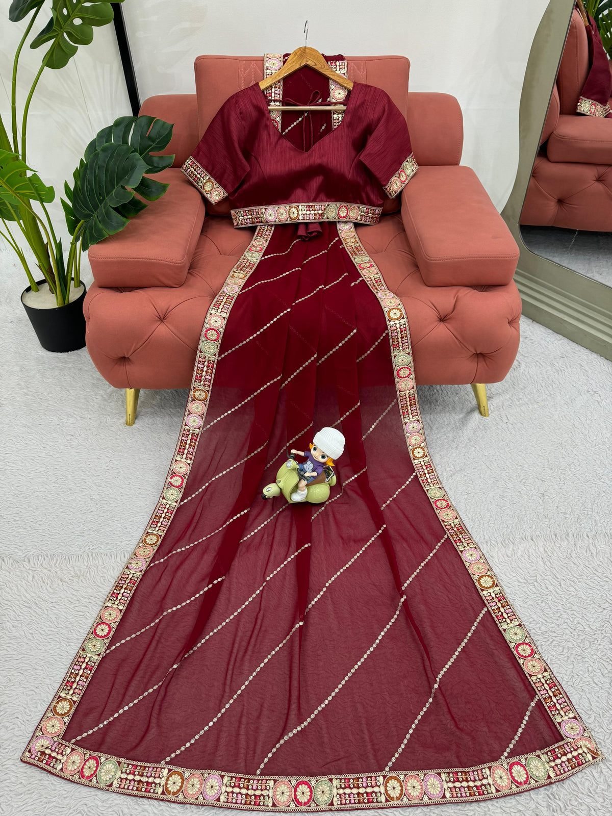 Glorious Maroon Color Faux Georgette And Coding With Sequence Work Beautiful Saree