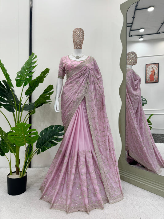Marriage Wear Light Pink Color Heavy Chinon Silk Thread And Sequence Work Designer Saree