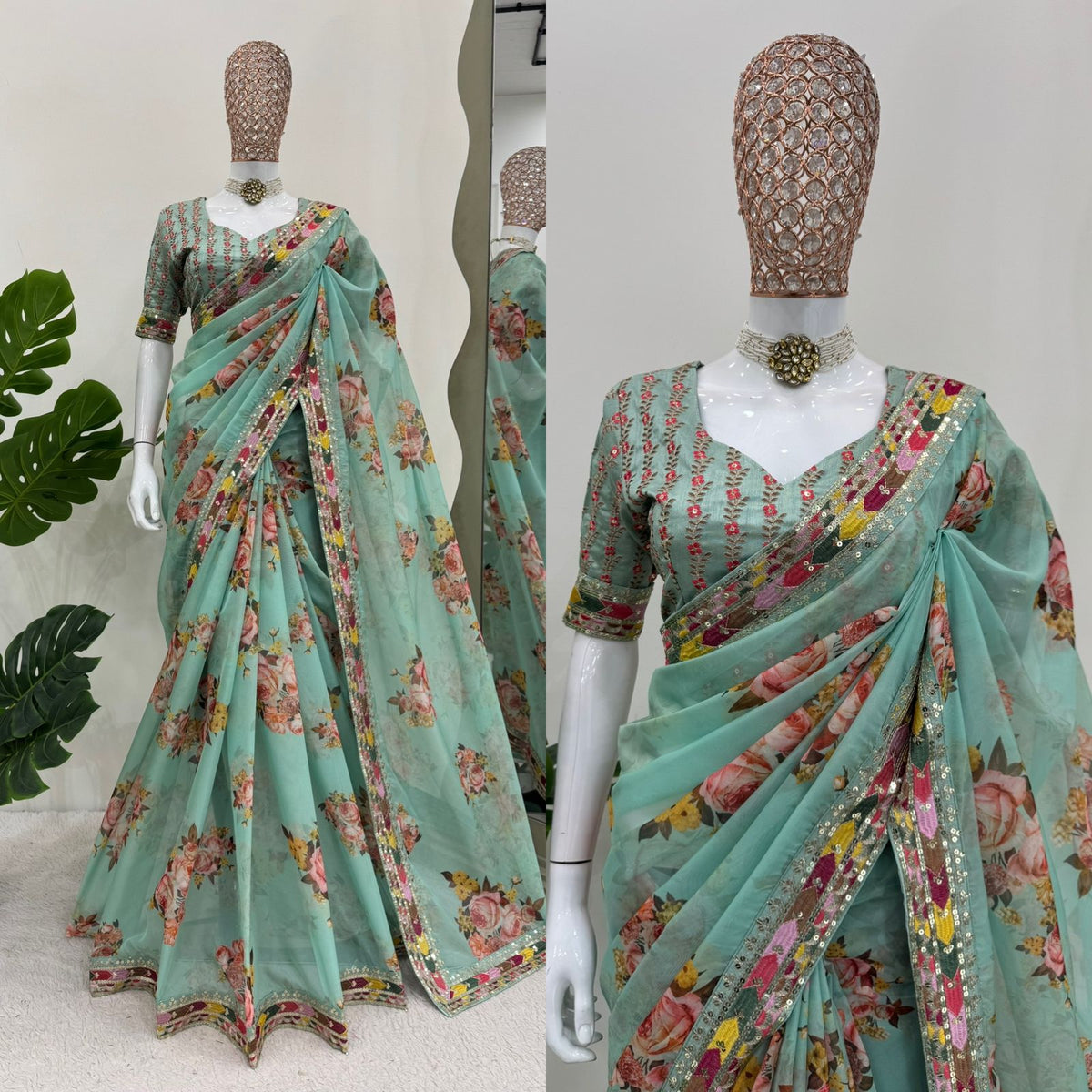 Festive Wear Pista Green Color Tibby Silk Thread And Sequence Work Designer Saree