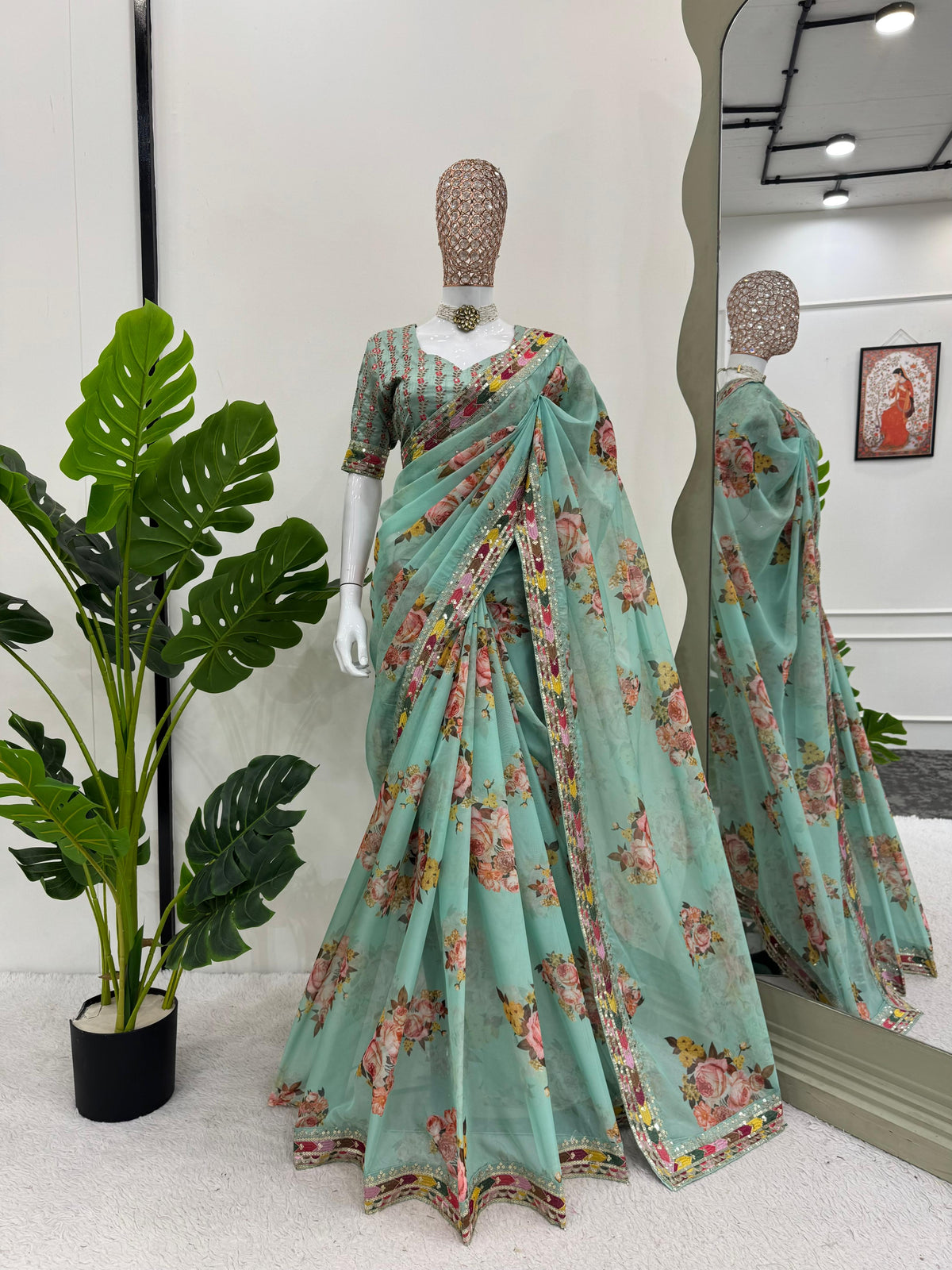 Festive Wear Pista Green Color Tibby Silk Thread And Sequence Work Designer Saree