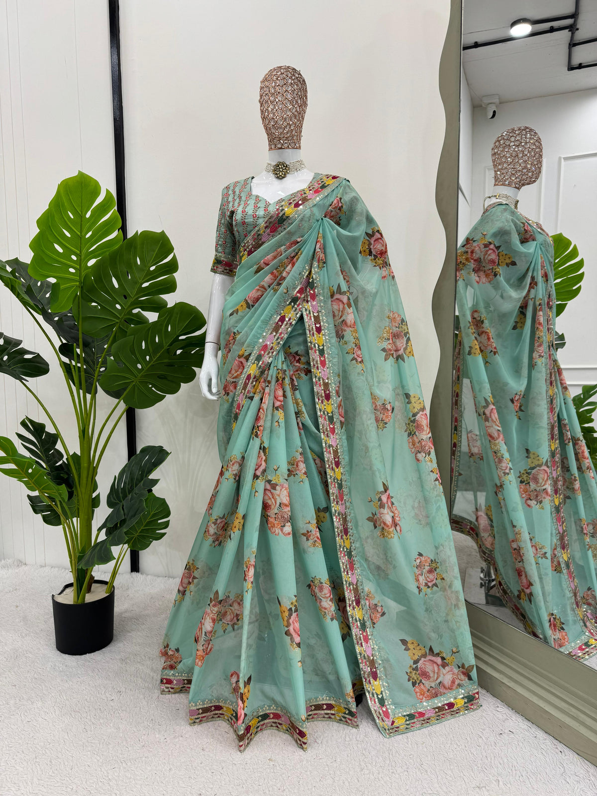 Festive Wear Pista Green Color Tibby Silk Thread And Sequence Work Designer Saree
