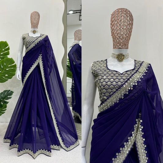 Ceremony Wear Royal Blue Color Heavy Georgette Thread 9mm Sequence Designer Saree