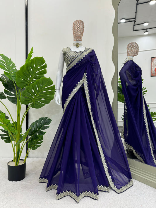 Ceremony Wear Royal Blue Color Heavy Georgette Thread 9mm Sequence Designer Saree