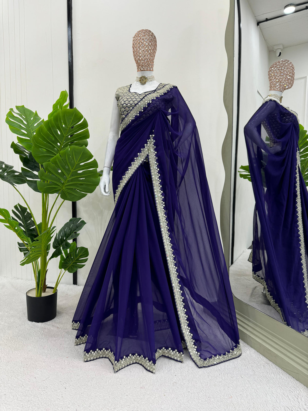 Ceremony Wear Royal Blue Color Heavy Georgette Thread 9mm Sequence Designer Saree