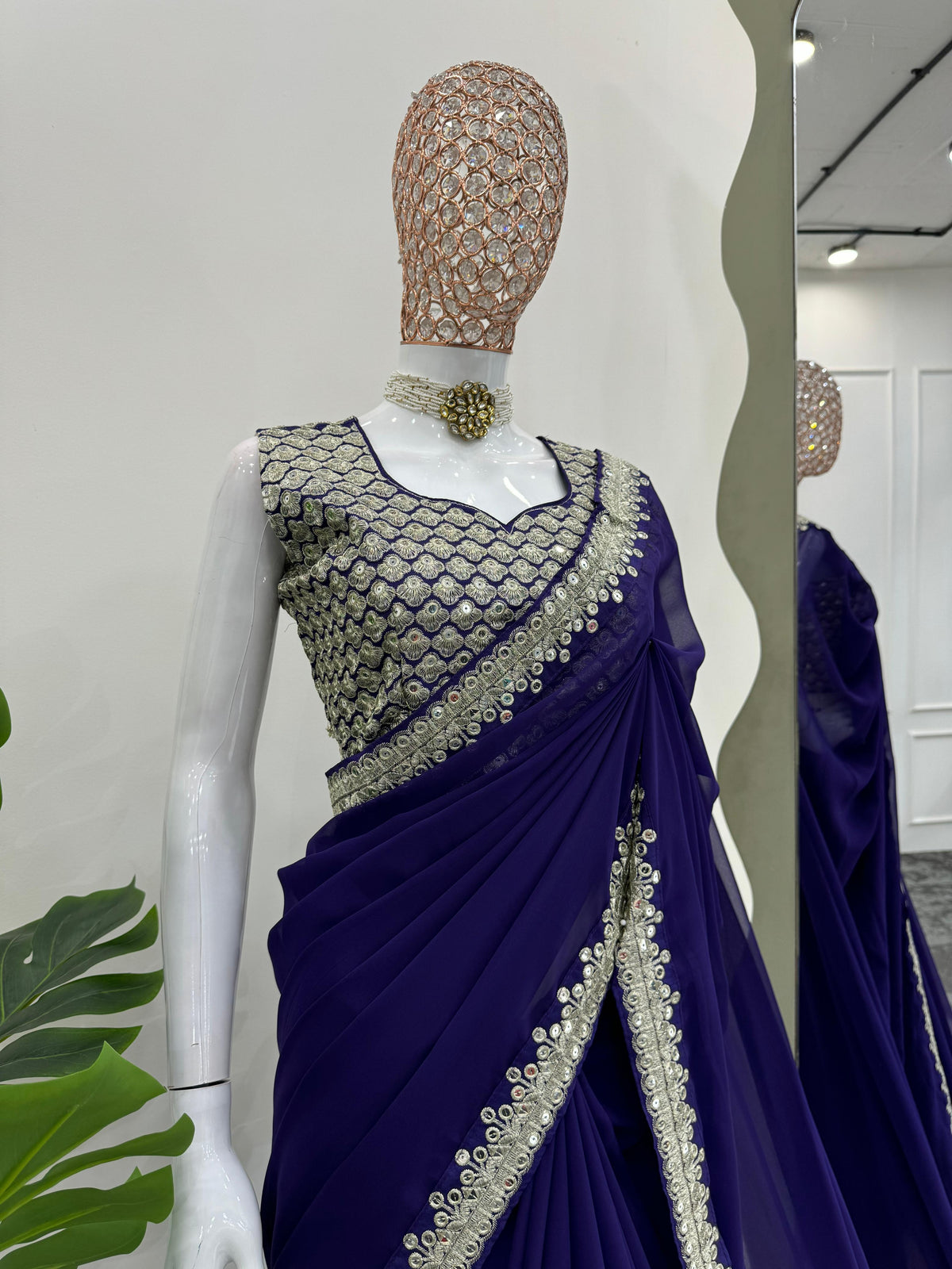 Ceremony Wear Royal Blue Color Heavy Georgette Thread 9mm Sequence Designer Saree