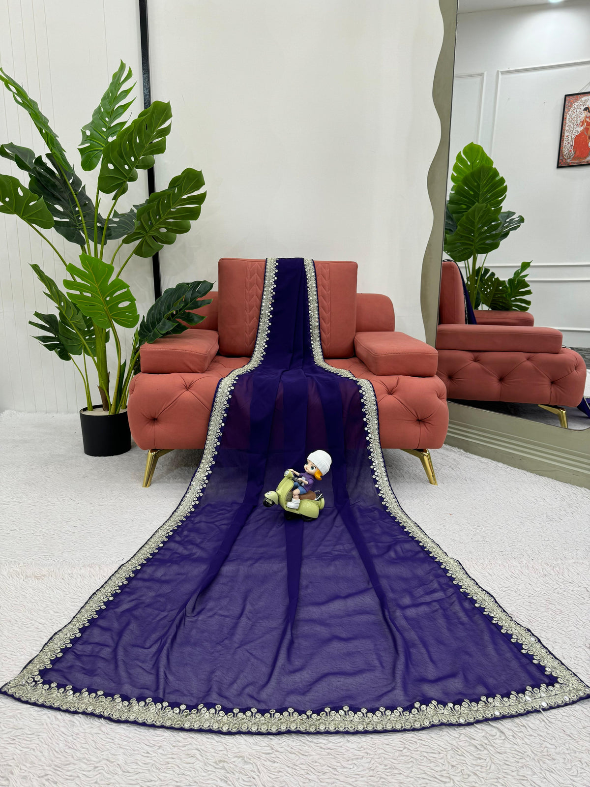 Ceremony Wear Royal Blue Color Heavy Georgette Thread 9mm Sequence Designer Saree